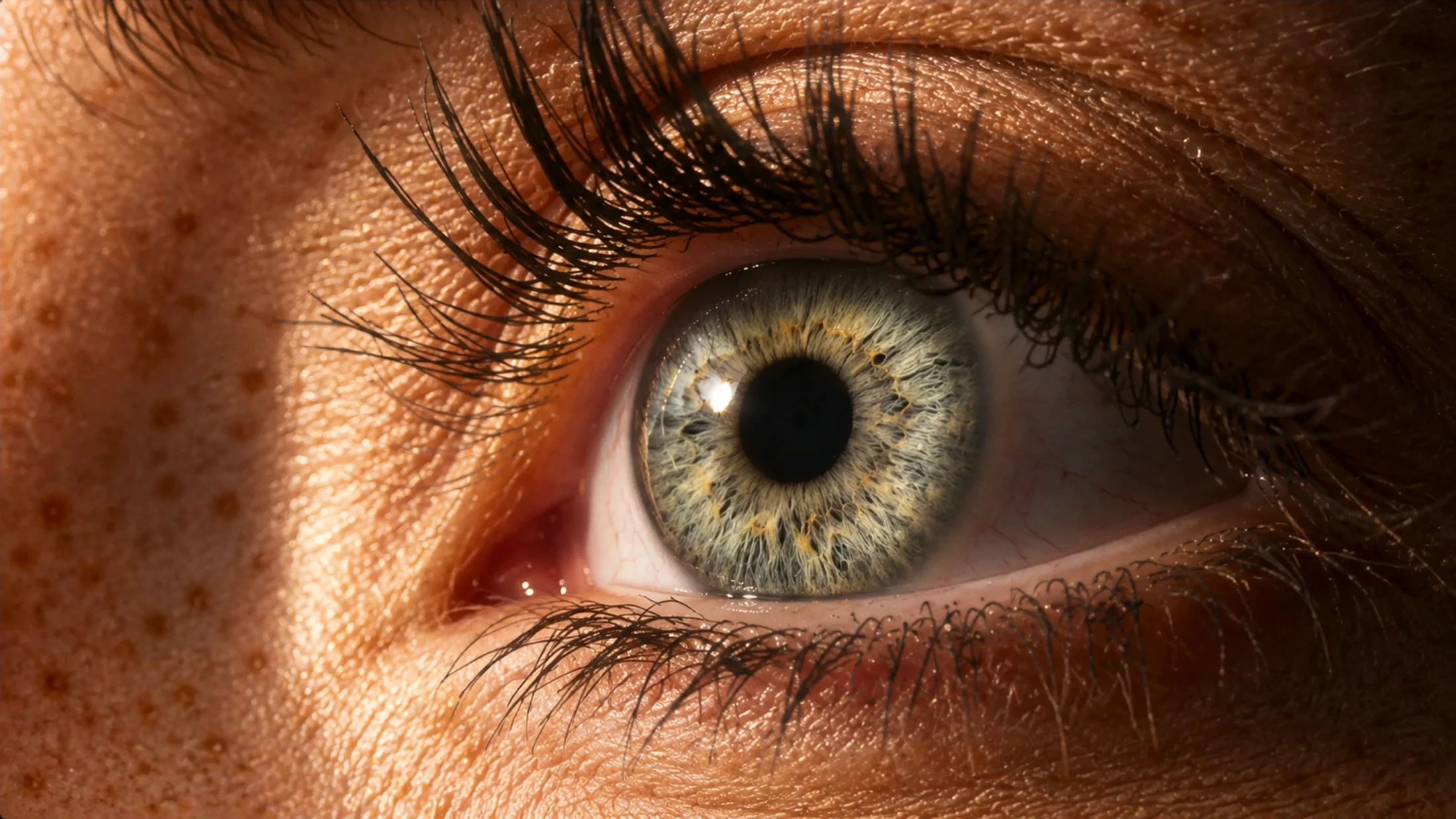 An extreme close-up of a grey-green eye with long lashes in warm light