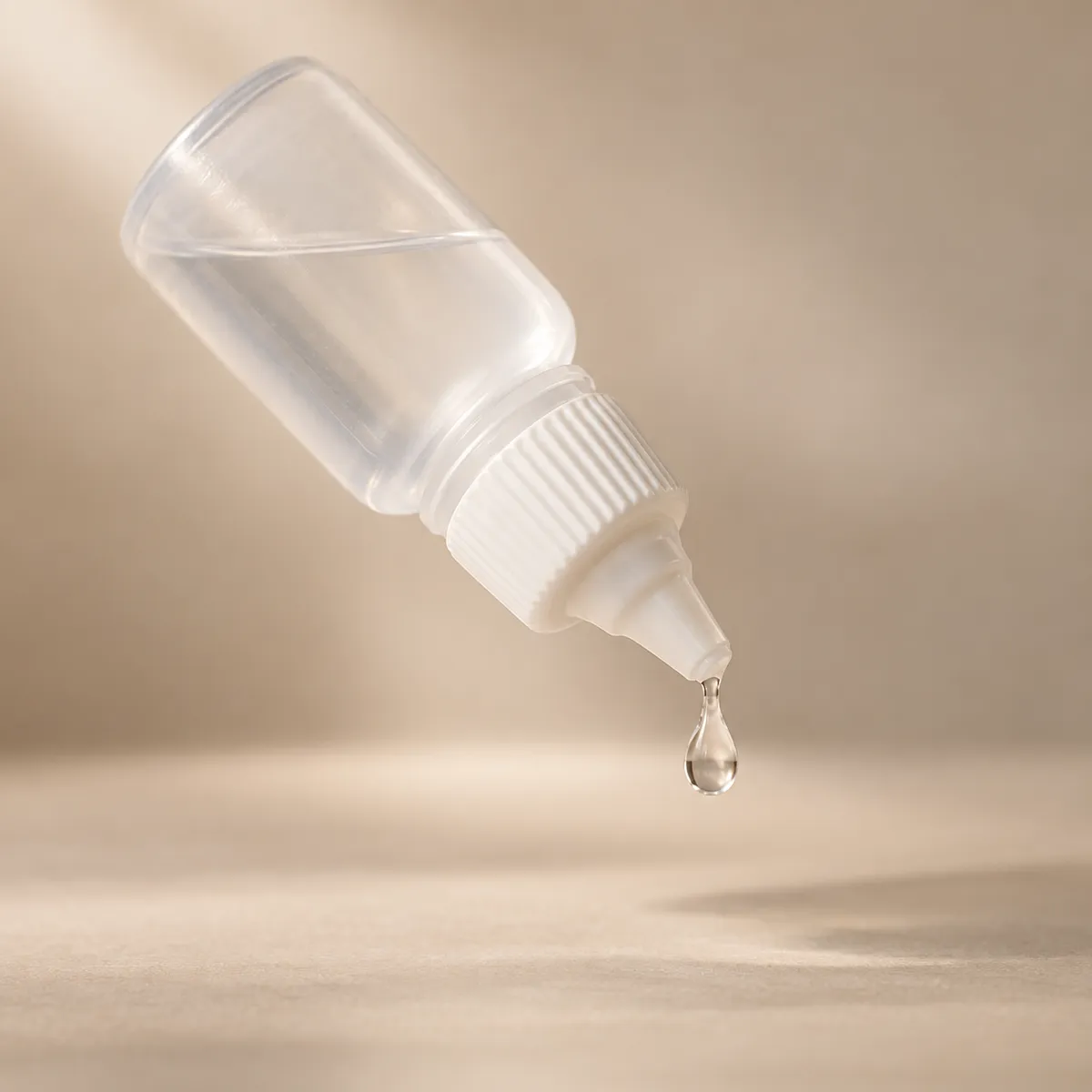 A drop of eye drop about to land in an eye